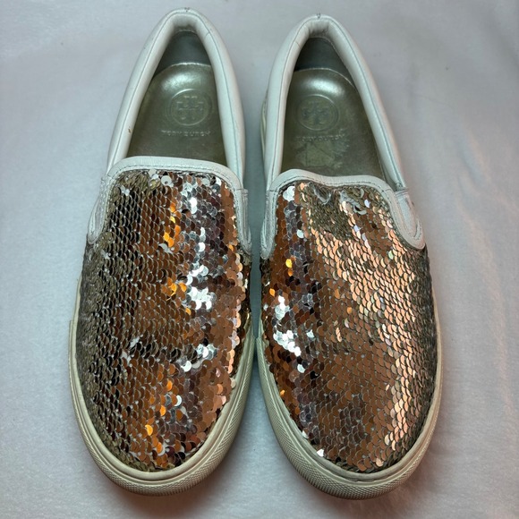 Tory Burch Shoes - Tory Burch Rose Gold Sequin White Leather Slip On Sneakers Shoes 5.5M